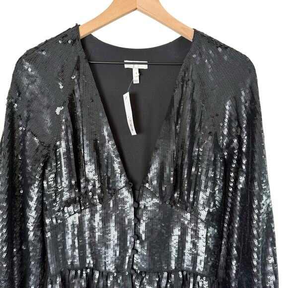 NWT Joie‎ Black Sequin Kyria Midi Dress Long Sleeves Button Front V-Neck, Size 4 - Picture 4 of 16